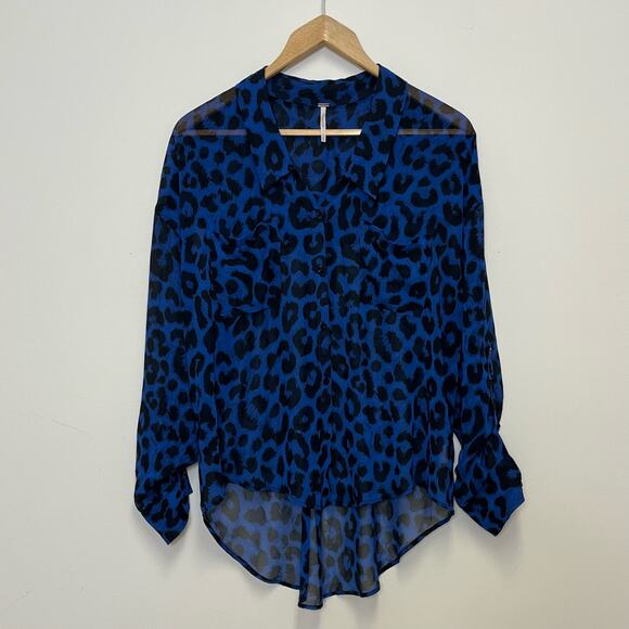 Free People Hi Lo Sheer Blue Cheetah Long Sleeve Blouse Medium Top FLAW - Picture 1 of 6